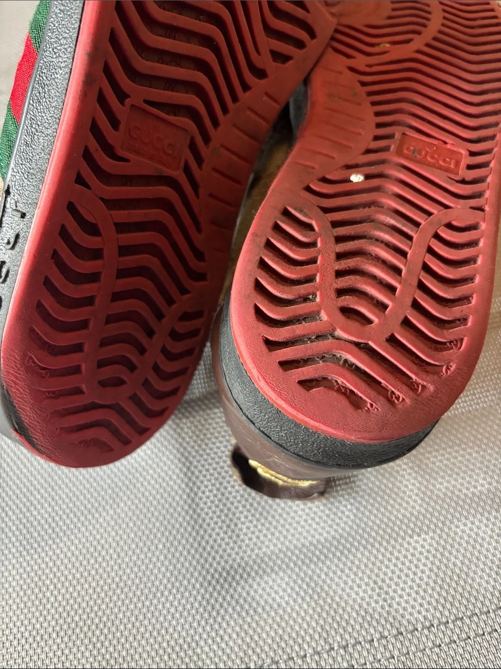 Gucci Brown leather & Beige GG Canvas Sneakers with Green and Red Stripe mns 10